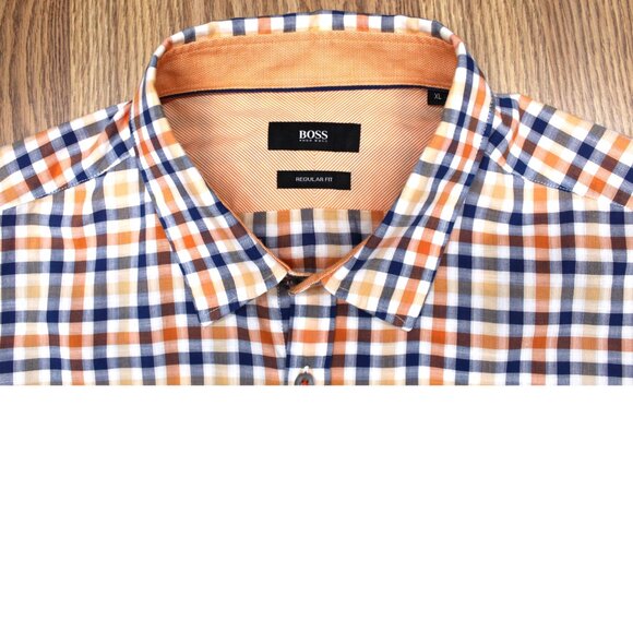 HUGO BOSS REGULAR FIT 100% COTTON SHIRT ORANGE, NAVY & WHITE X-LARGE, XL - Picture 1 of 5